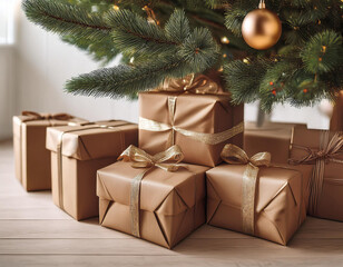 Brown wrapped gifts nestled under a decorated Christmas tree in a cozy interior setting during the holiday season