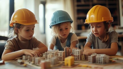 Three young girls in construction helmets focus on building a miniature city, absorbed in imaginative play and teamwork.