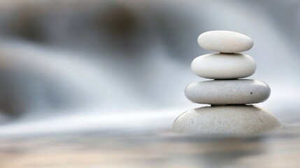 Smooth stones stack gracefully against the backdrop of a flowing stream, symbolizing balance and tranquility in nature's serene embrace.