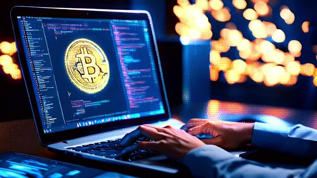 Person typing on a laptop with a Bitcoin logo on the screen, working in the dark with warm lights in the background.