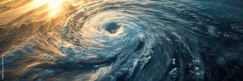 Aufkleber A powerful hurricane takes shape over the vast ocean, surrounded by swirling clouds and illuminated by the setting sun. Generative AI