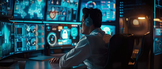 Cybersecurity Professional Monitoring Network on Multiple Screens