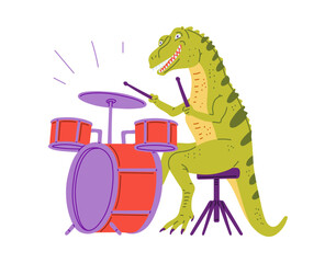 Dinosaur playing drums, vector cute dinosaur drummer play music, cartoon funny crocodile musician percussion instruments