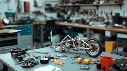 Fototapeta premium A meticulous motorcycle model assembly lies amid an array of tools in a workshop, showcasing craftsmanship and precision in a creative environment.