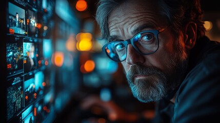 Portrait of a focused man with glasses, studying digital screens with intelligence and curiosity