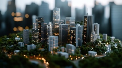A miniature cityscape brimming with lights and surrounded by lush green islands, conjuring a vibrant urban oasis thriving against a blurred skyline backdrop.