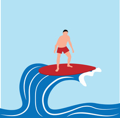 Surfer Catching the Wave Flat Style. Sports and water summer activities vector art