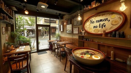 A cozy ramen shop with a sign that says "No ramen, no life" and a large bowl of ramen in the foreground.