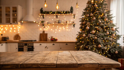 christmas tree .A warmly lit Christmas-themed kitchen with an empty rustic wooden table in the foreground. The background includes a beautifully decorated Christmas tree and twinkling lights, creating