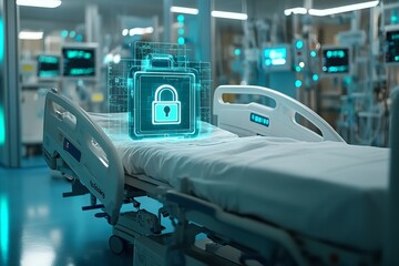 A hospital bed with a digital lock that represents a patient. Generative Ai