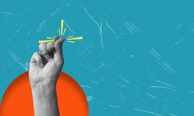 Finger snapping as a metaphor for rapid goal attainment. Artistic modern art collage.