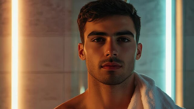 Tanned man with a towel on his shoulder, standing in front of a soft-lit mirror, looking serious in a minimalist bathroom,