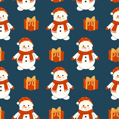 Christmas seamless pattern with a cute snowman in a hat and scarf with a gift box. Vector winter background. Perfect for textiles, wallpaper or print holiday design.