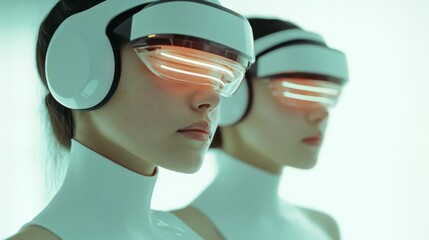 Two futuristic individuals wear sleek visors, casting an ethereal glow as they gaze forward, embodying the essence of advanced technology.