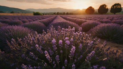 Naklejka premium Sunset violet lavender flower field 