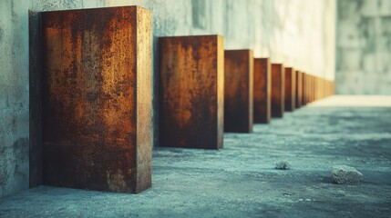 A row of rusty, rectangular blocks extends into the distance in an industrial setting, highlighting symmetry and texture beneath soft lighting.