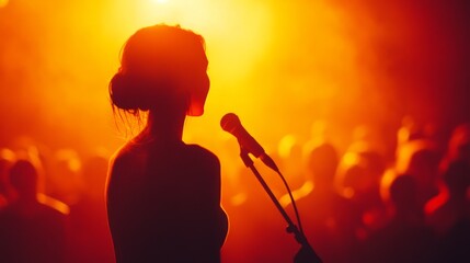 A singer silhouetted against vibrant warm lights exudes emotion and connection, captivating the audience in a moment of raw expression.