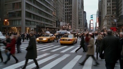Fototapeta premium Bustling New York City intersection with blurred pedestrians and iconic yellow cabs amidst towering skyscrapers under a gloomy sky.