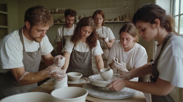 Diverse artisans in a pottery workshop focus intently on crafting clay creations, highlighting creativity and teamwork.