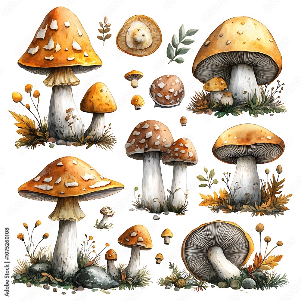 Canvas Prints Watercolor Illustration of Orange and Brown Mushrooms with Autumn Leaves and Plants.