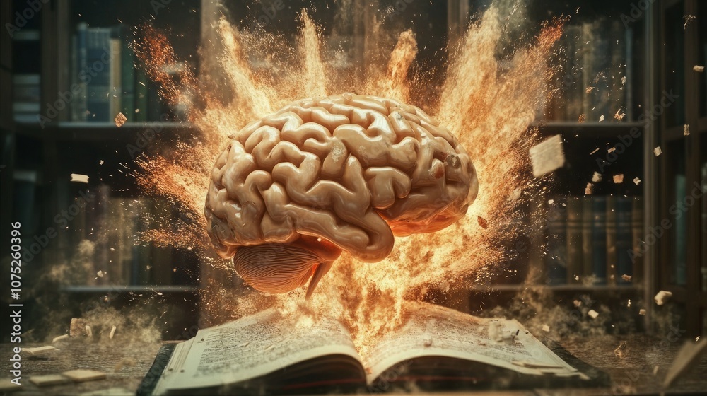 Poster A brain is exploding out of an open book