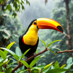 Fototapeta premium A vibrant toucan with a large orange and yellow beak, perched on a tropical branch surrounded by bright green leaves, with a misty rainforest in the background