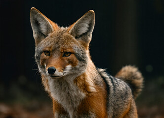 Fototapeta premium Capturing the Enigmatic: A Cinematic Portrait of a Sly Coyote in Nervous Anticipation Under Golden Hour Light with Intricate Details and Hyperrealism Trending on CG Society.