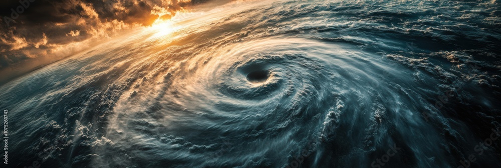 Aufkleber a powerful hurricane forms over the vast ocean, surrounded by dark clouds illuminated by the setting