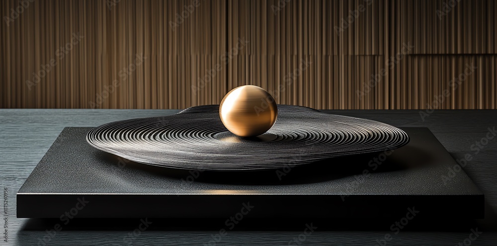 Poster a single golden sphere rests on a black circular tray with concentric rings, creating a minimalist, 