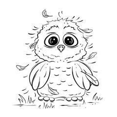 Cartoon monochrome illustration with isolated owl in vector graphics