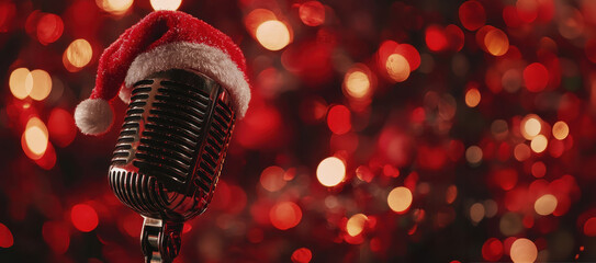 Festive microphone adorned in a santa hat perfect for christmas Night Club and copy space