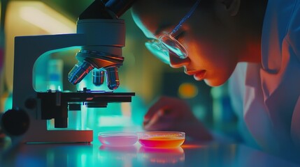 A focused scientist peers through a microscope, enveloped in the vibrant blues and greens of a glowing laboratory, embodying precision and discovery.