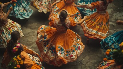 Naklejka premium Vibrant dancers swirl in colorful dresses, celebrating cultural tradition and unity with joy and movement in a festive moment.