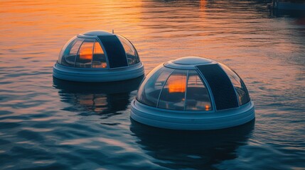 Two futuristic dome structures float on tranquil water, reflecting a golden sunset, evoking serenity and innovation.