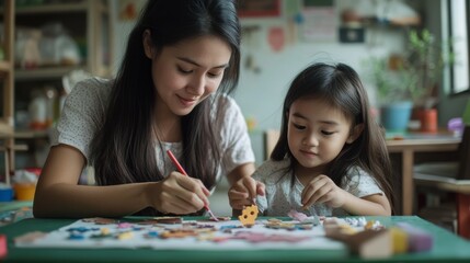 Fototapeta premium A mother and daughter share a moment of creativity in their colorful crafts, surrounded by a warm, vibrant atmosphere at home.