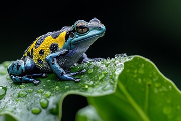 Obraz premium A close-up of a colorful frog sitting on a leaf, with droplets of rainwater around it