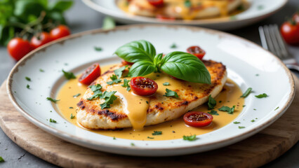 A plate topped with a chicken dish drenched in sauce, garnished with parsley and tomatoes.