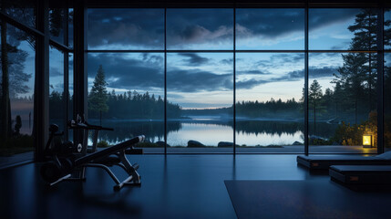 Modern Room with Lake and Forest View