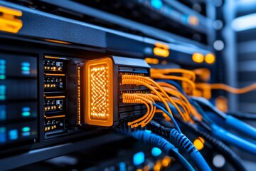 A close-up of fiber optic cables, glowing with data transmission in vibrant colors