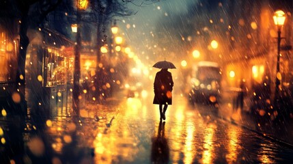 A lone umbrella-clad silhouette walks through a magical street with golden lights reflecting on wet cobblestones.