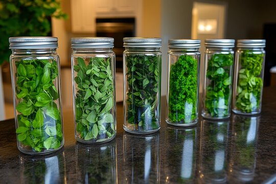 A close-up of fresh herbs and spices in jars lined up on a kitchen shelf, creating a homely and organized atmosphere