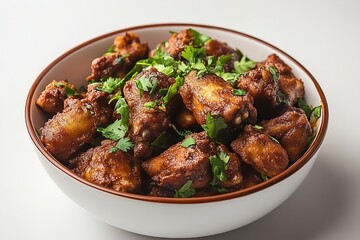 Fried chicken masala wings on a dish against a white backdrop. Generative Ai