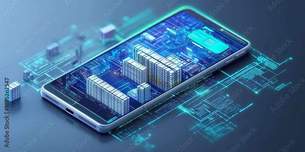 Poster a smartphone with a server rack inside its screen on a circuit board background showing the concept 