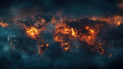 A map of the world engulfed in flames, with cities glowing to represent business centers