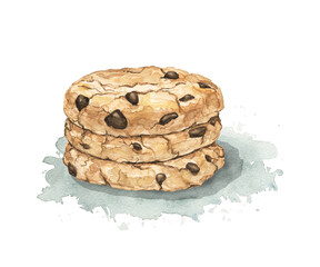 Stack of three home made chocolate chip cookies isolated on shadow stain background. Watercolor hand drawn illustration