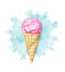 Pink ice cream in waffle cone on blue stain background. Watercolor hand drawn illustration
