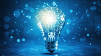 Illuminated Light Bulb with Digital Network on Blue Background