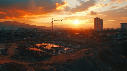 Fototapeta premium Sunset over a construction site with cranes and city skyline.
