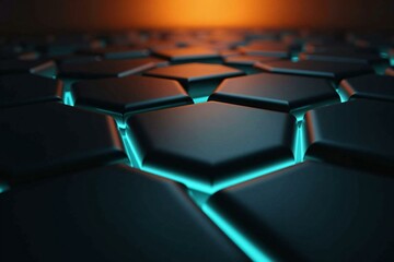 Obraz premium Abstract 3D Hexagonal Grid with Vibrant Blue and Orange Lighting for Technology Themes