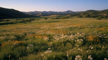 A wide, open field with wildflowers stretches towards distant mountains under a clear, blue sky, embodying tranquility and natural beauty.